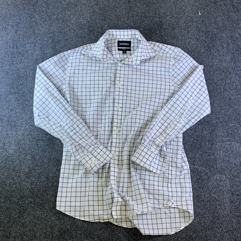 Bonobos Dress Shirt Mens 15/34 White Blue Windowpane Standard Fit Button Up